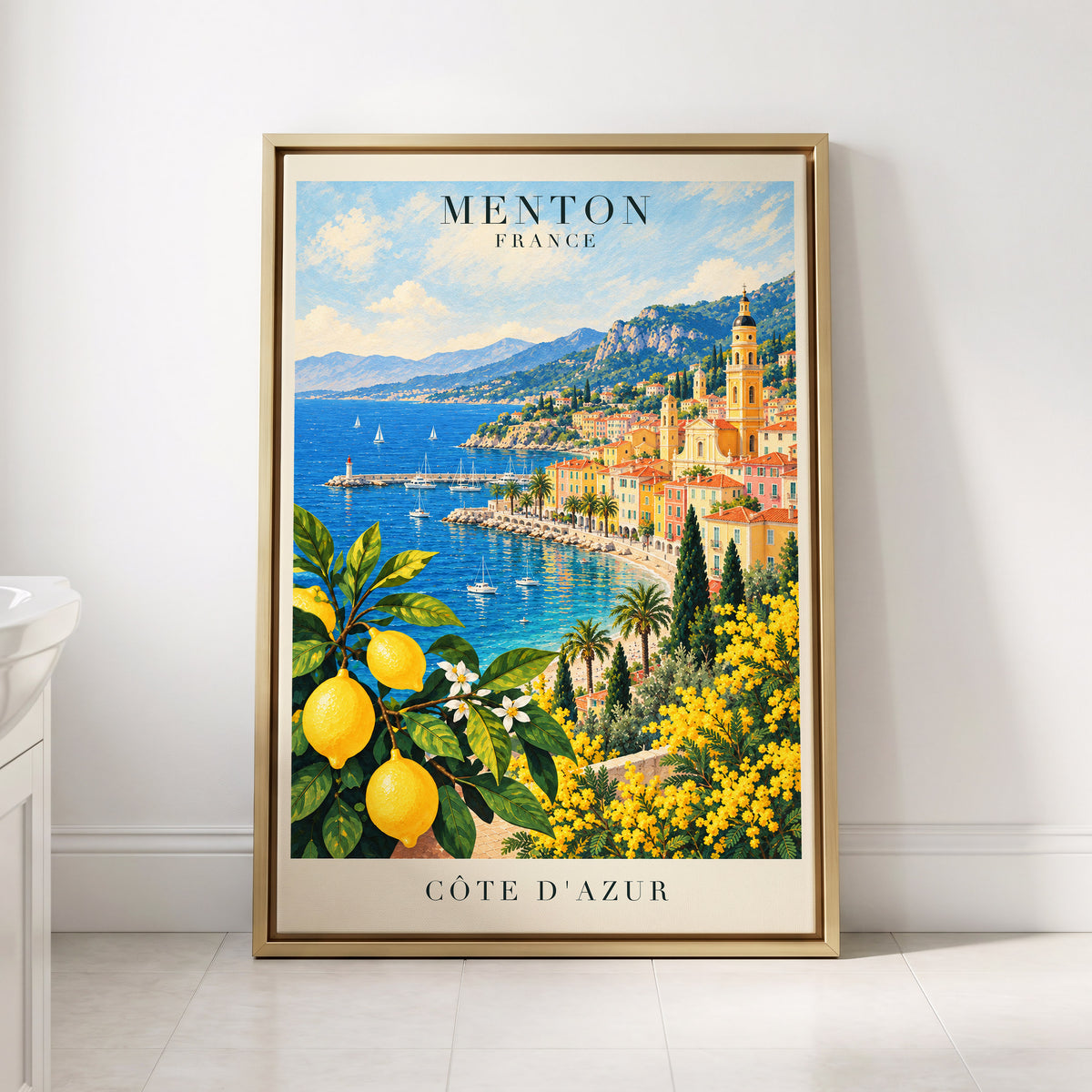 Lemon Riviera, blue, yellow, green nature wall art displayed in a styled interior, gallery view 8