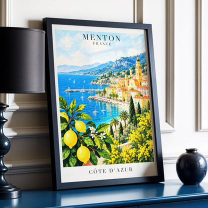 Lemon Riviera, blue, yellow, green nature wall art displayed in a styled interior, gallery view 9
