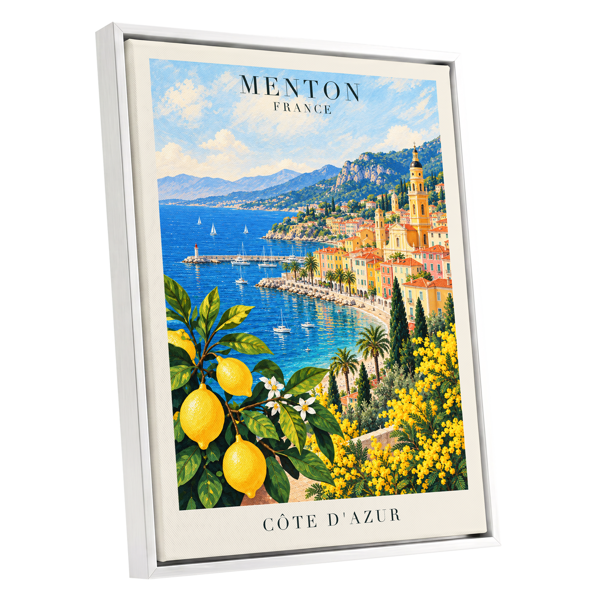 Lemon Riviera, blue, yellow, green nature wall art shown as a white framed canvas wall art