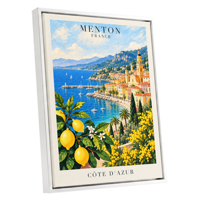 Lemon Riviera, blue, yellow, green nature wall art shown as a white framed canvas wall art