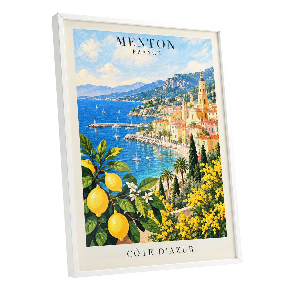 Lemon Riviera, blue, yellow, green nature wall art shown as a white framed poster wall art print