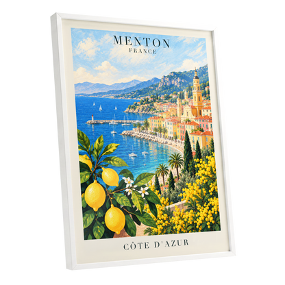 Lemon Riviera, blue, yellow, green nature wall art shown as a white framed poster wall art print