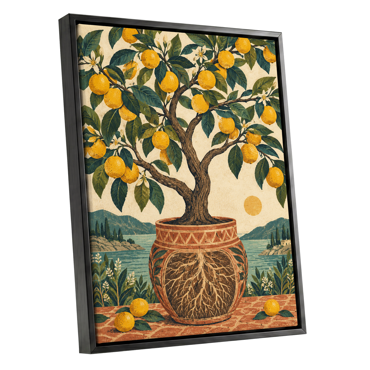 Lemons by the Blue Bay, yellow, green, beige nature wall art shown as a black framed canvas wall art