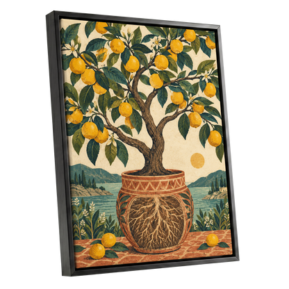Lemons by the Blue Bay, yellow, green, beige nature wall art shown as a black framed canvas wall art