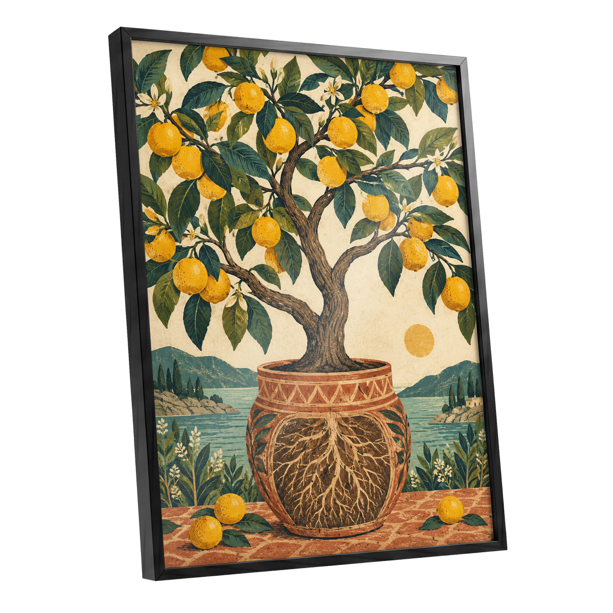 Lemons by the Blue Bay, yellow, green, beige nature wall art shown as a black framed poster wall art print