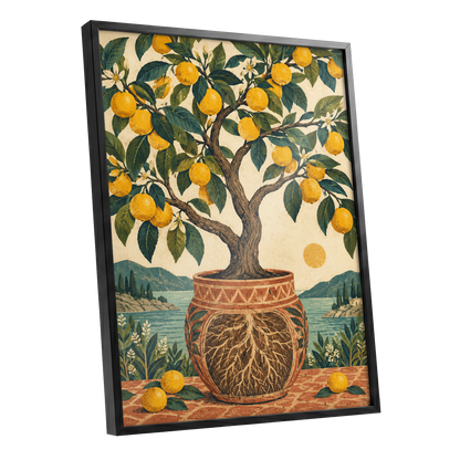 Lemons by the Blue Bay, yellow, green, beige nature wall art shown as a black framed poster wall art print