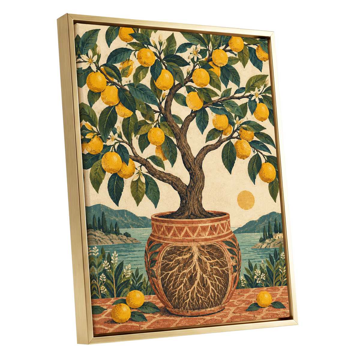Lemons by the Blue Bay, yellow, green, beige nature wall art shown as a gold framed canvas wall art
