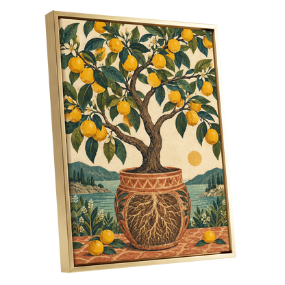 Lemons by the Blue Bay, yellow, green, beige nature wall art shown as a gold framed canvas wall art