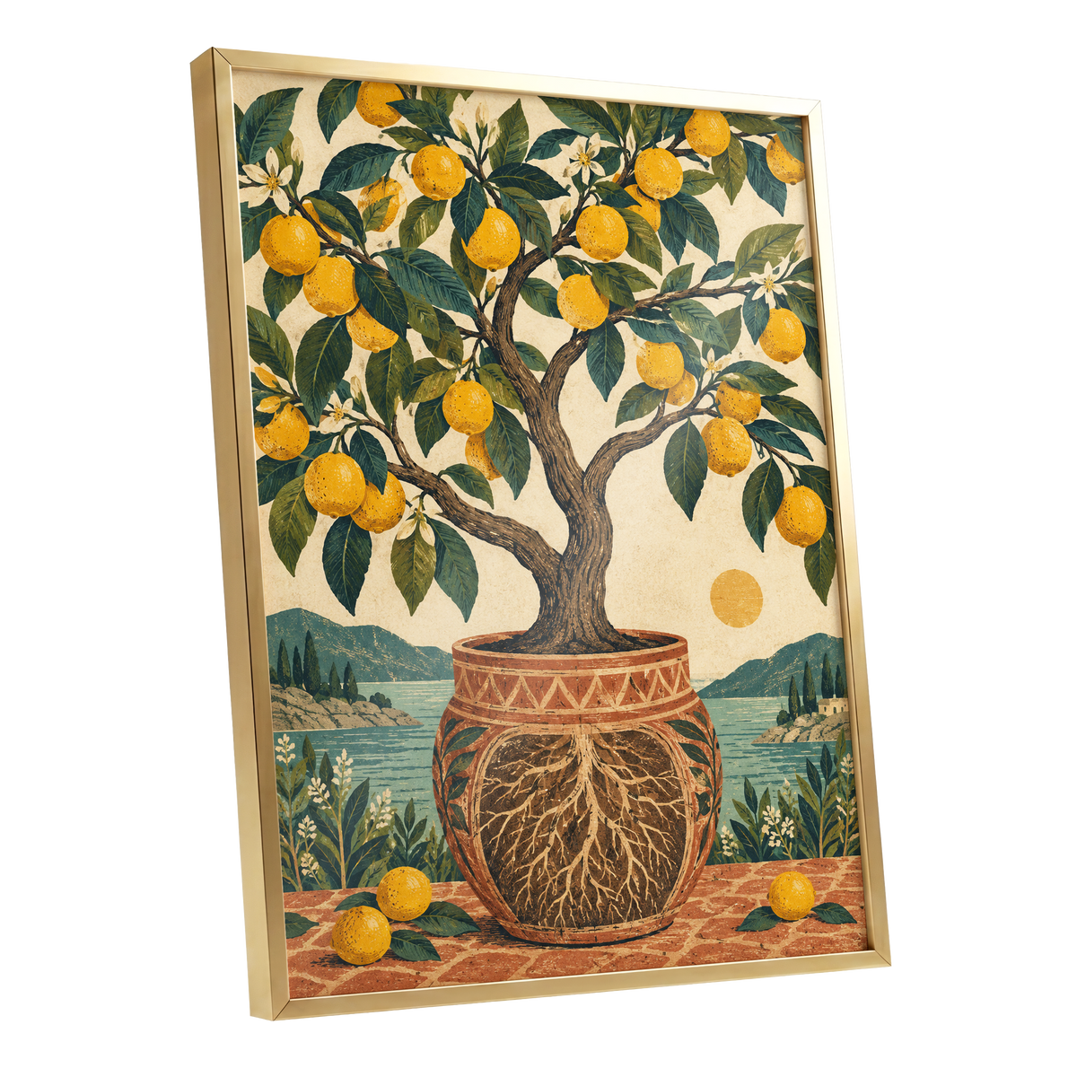 Lemons by the Blue Bay, yellow, green, beige nature wall art shown as a gold framed poster wall art print