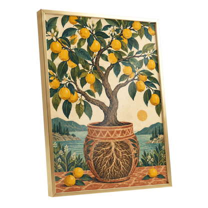 Lemons by the Blue Bay, yellow, green, beige nature wall art shown as a gold framed poster wall art print