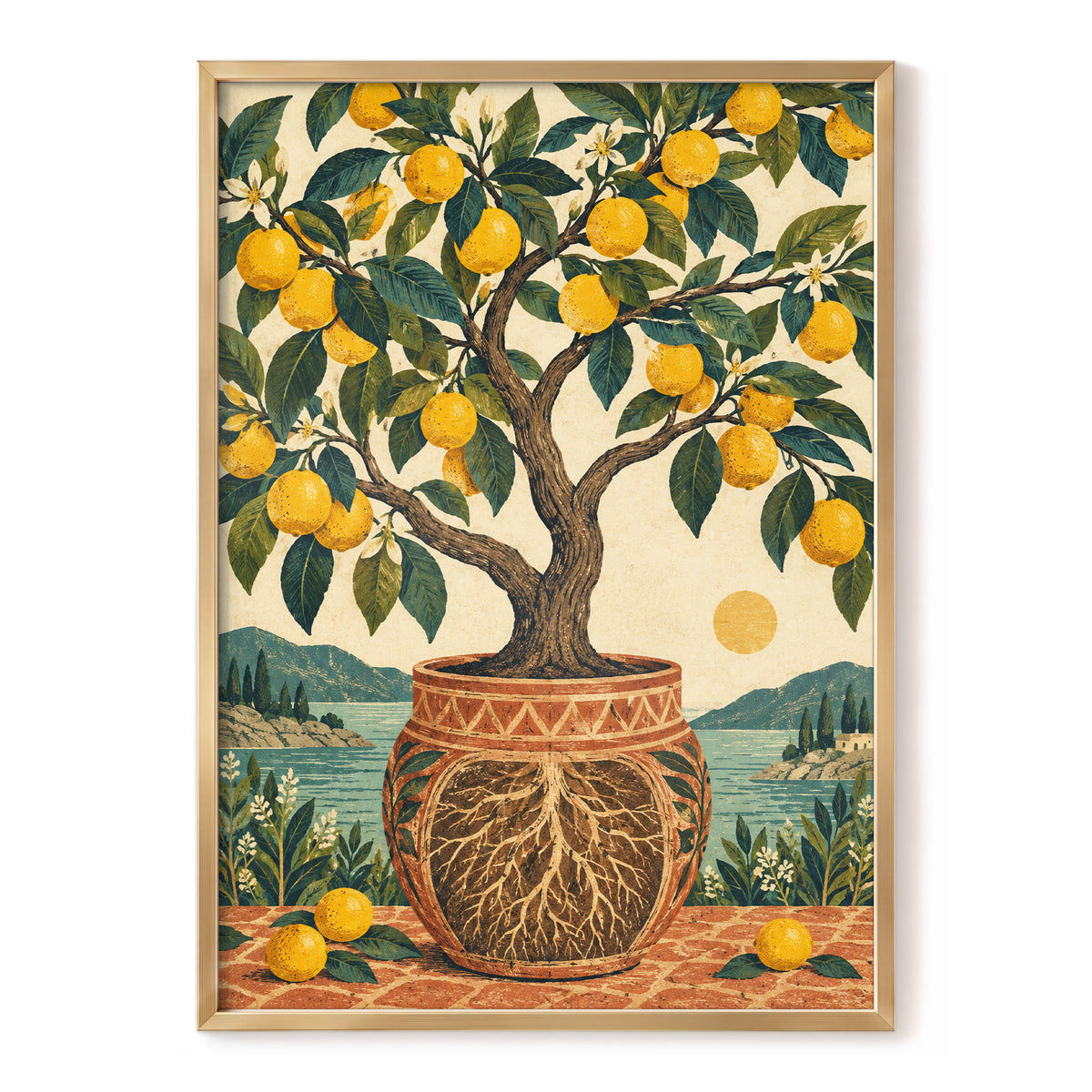 Lemons by the Blue Bay, yellow, green, beige nature wall art, front artwork view