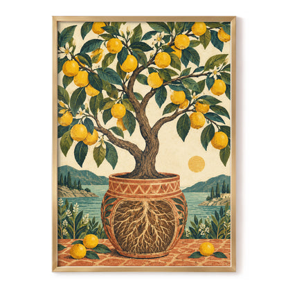 Lemons by the Blue Bay, yellow, green, beige nature wall art, front artwork view