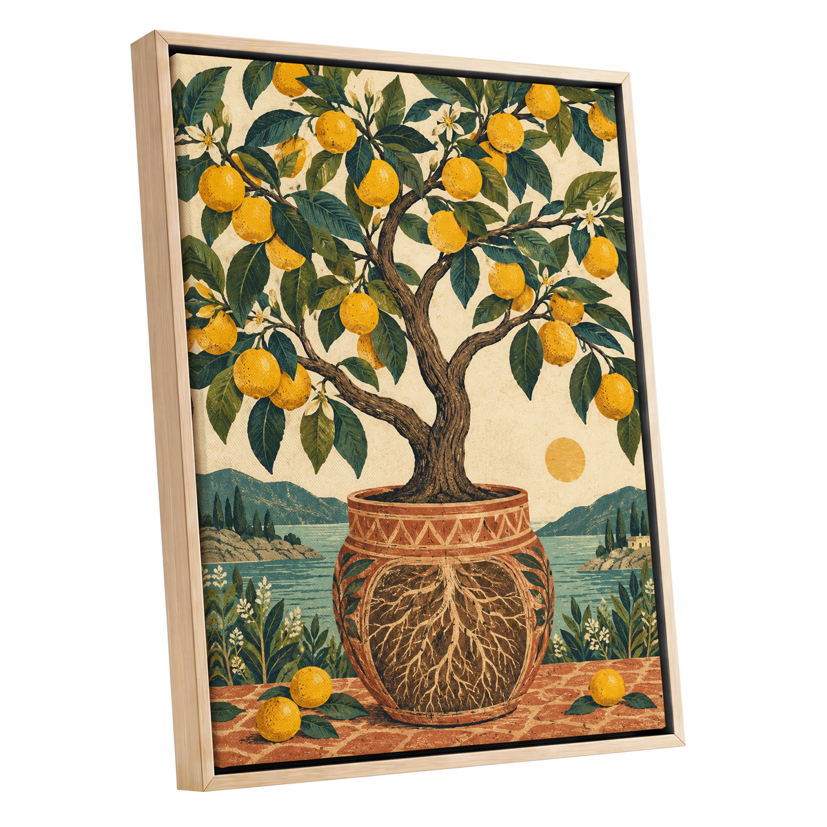 Lemons by the Blue Bay, yellow, green, beige nature wall art shown as a oak framed canvas wall art