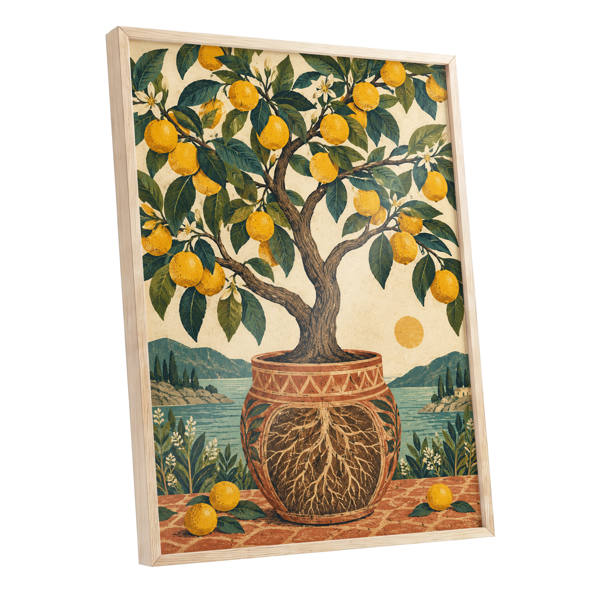 Lemons by the Blue Bay, yellow, green, beige nature wall art shown as a oak framed poster wall art print