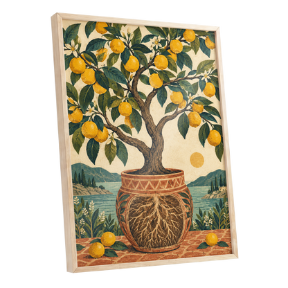 Lemons by the Blue Bay, yellow, green, beige nature wall art shown as a oak framed poster wall art print