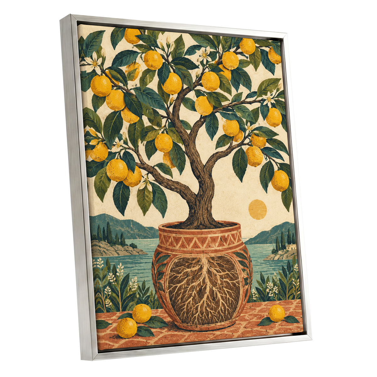 Lemons by the Blue Bay, yellow, green, beige nature wall art shown as a silver framed canvas wall art