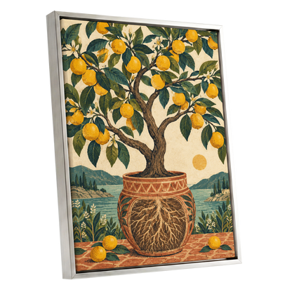 Lemons by the Blue Bay, yellow, green, beige nature wall art shown as a silver framed canvas wall art