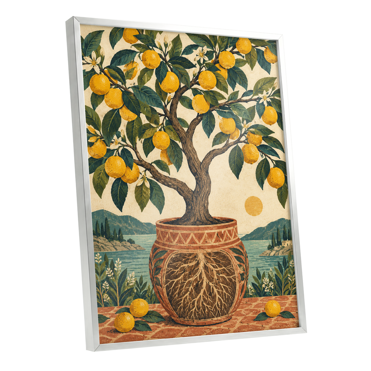 Lemons by the Blue Bay, yellow, green, beige nature wall art shown as a silver framed poster wall art print