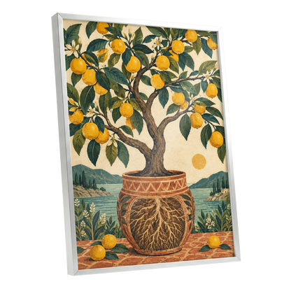 Lemons by the Blue Bay, yellow, green, beige nature wall art shown as a silver framed poster wall art print