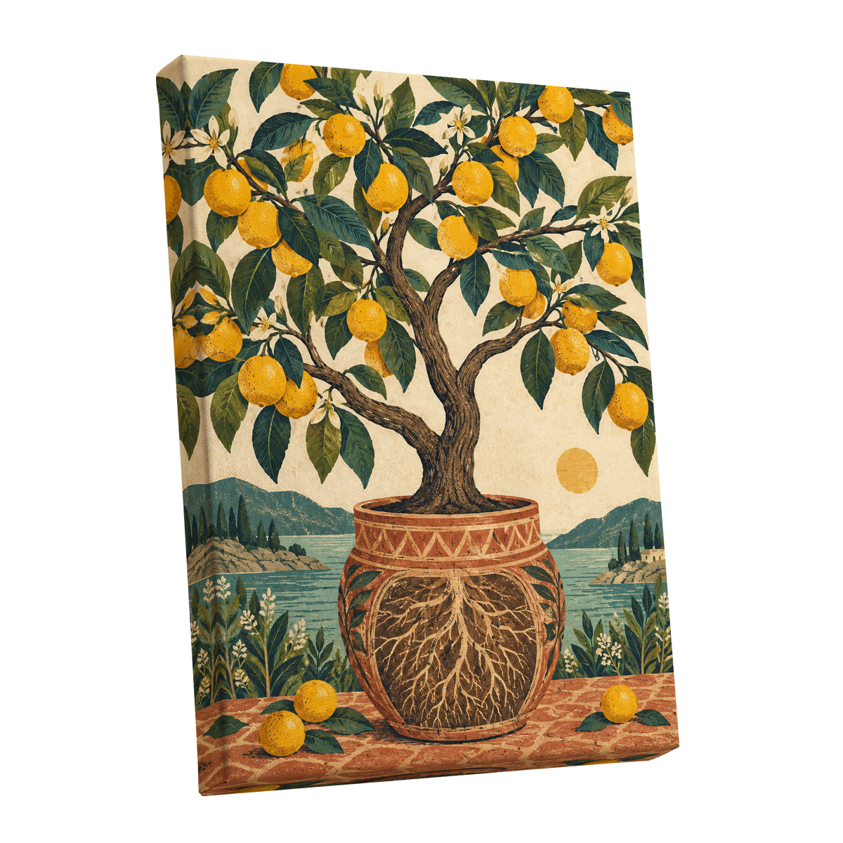 Lemons by the Blue Bay, yellow, green, beige nature wall art shown as a stretched canvas wall art