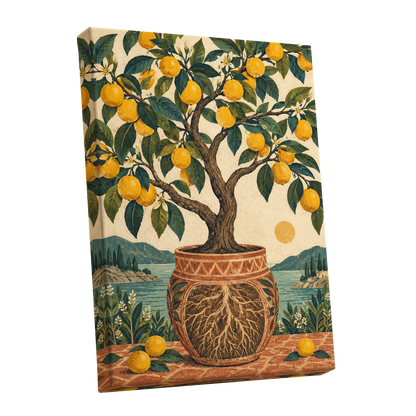 Lemons by the Blue Bay, yellow, green, beige nature wall art shown as a stretched canvas wall art