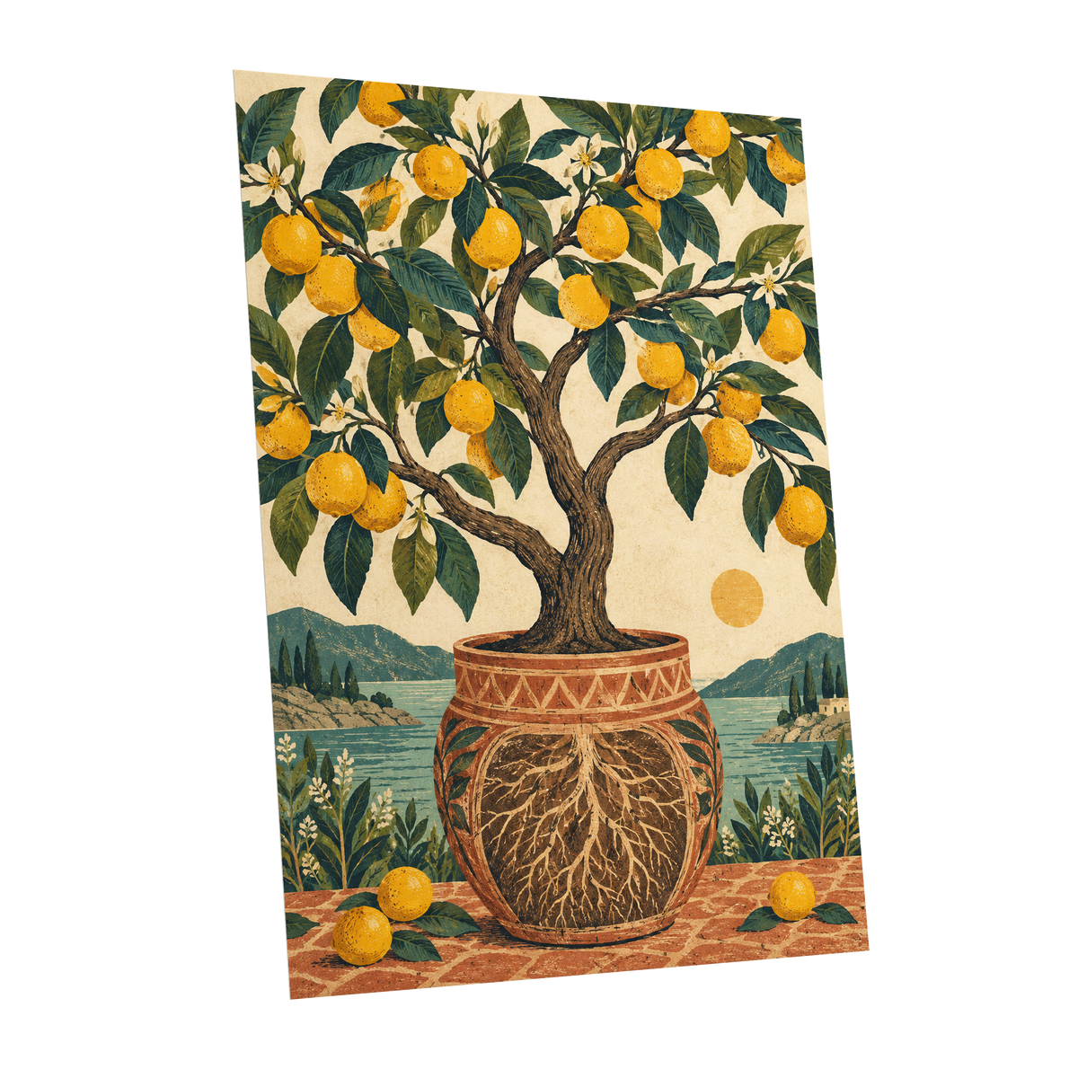 Lemons by the Blue Bay, yellow, green, beige nature wall art shown as a unframed poster wall art print