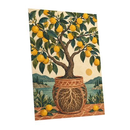 Lemons by the Blue Bay, yellow, green, beige nature wall art shown as a unframed poster wall art print