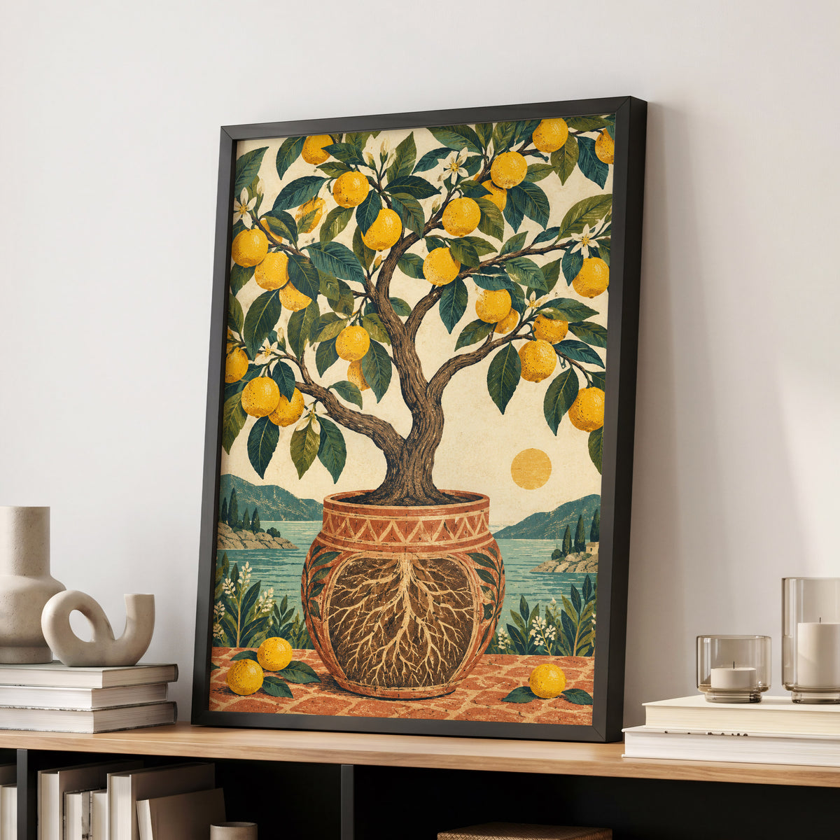 Lemons by the Blue Bay, yellow, green, beige nature wall art displayed in a styled interior, gallery view 2