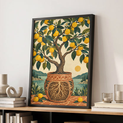 Lemons by the Blue Bay, yellow, green, beige nature wall art displayed in a styled interior, gallery view 2
