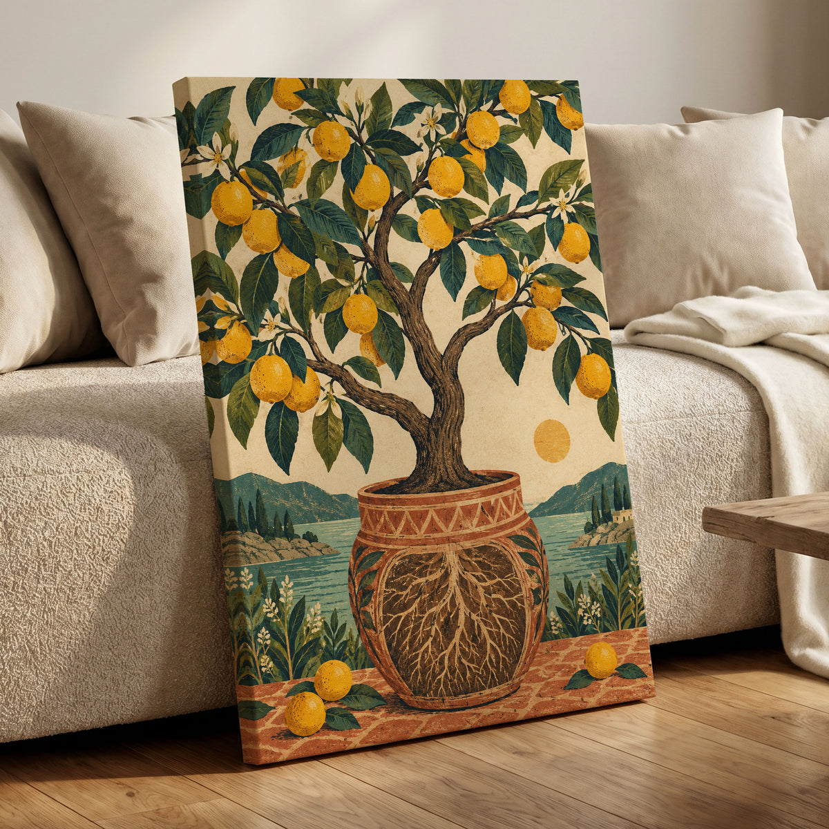 Lemons by the Blue Bay, yellow, green, beige nature wall art displayed in a styled interior, gallery view 3
