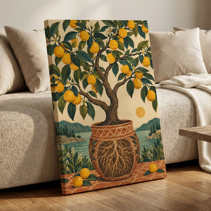 Lemons by the Blue Bay, yellow, green, beige nature wall art displayed in a styled interior, gallery view 3