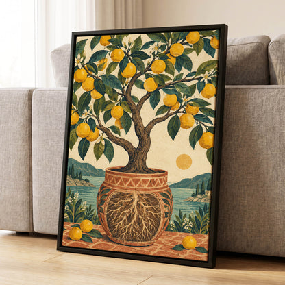 Lemons by the Blue Bay, yellow, green, beige nature wall art displayed in a styled interior, gallery view 4