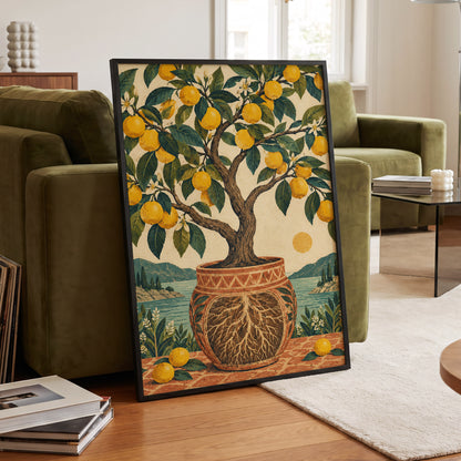 Lemons by the Blue Bay, yellow, green, beige nature wall art displayed in a styled interior, gallery view 6