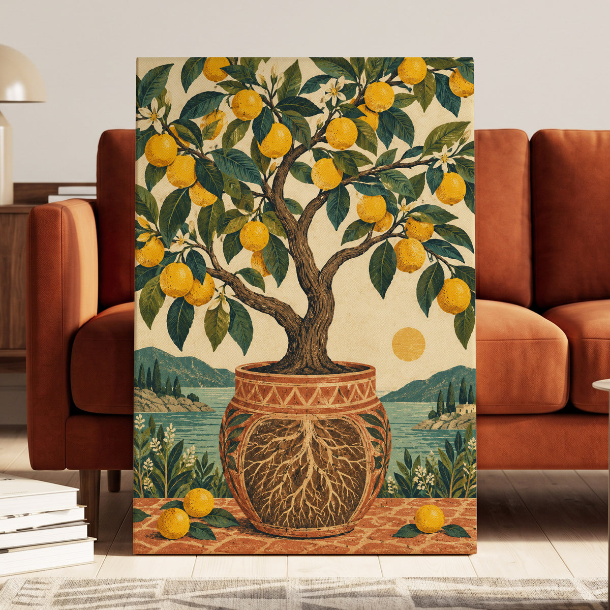 Lemons by the Blue Bay, yellow, green, beige nature wall art displayed in a styled interior, gallery view 7