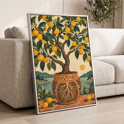 Lemons by the Blue Bay, yellow, green, beige nature wall art displayed in a styled interior, gallery view 8