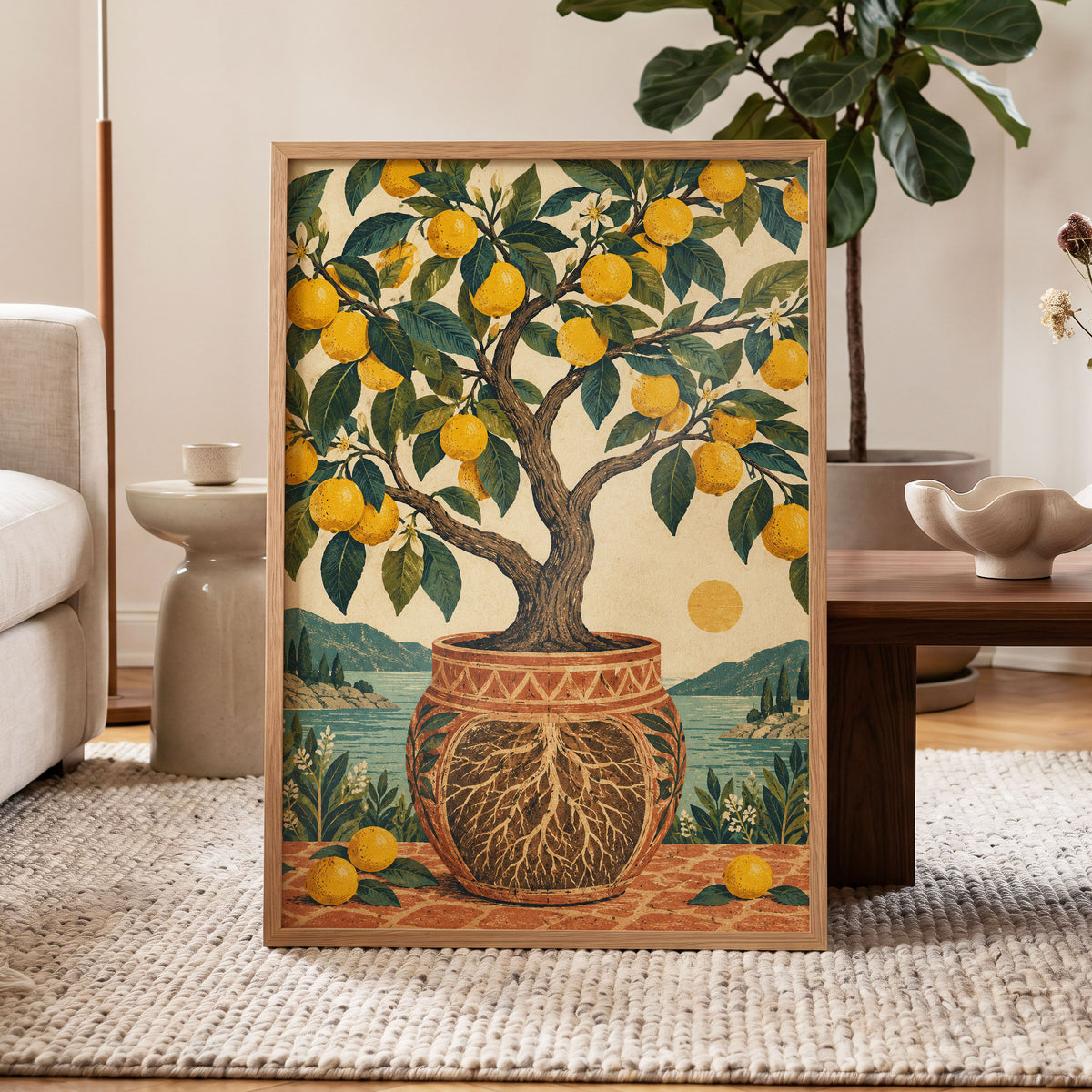 Lemons by the Blue Bay, yellow, green, beige nature wall art displayed in a styled interior, gallery view 9