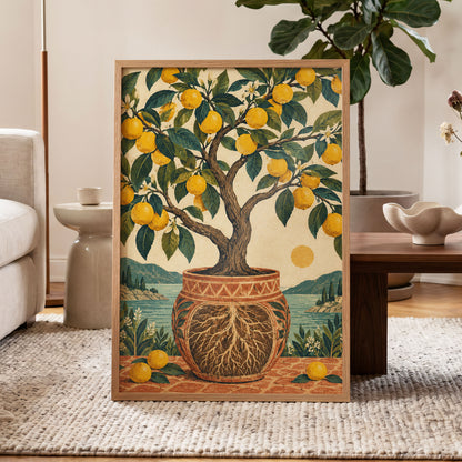 Lemons by the Blue Bay, yellow, green, beige nature wall art displayed in a styled interior, gallery view 9