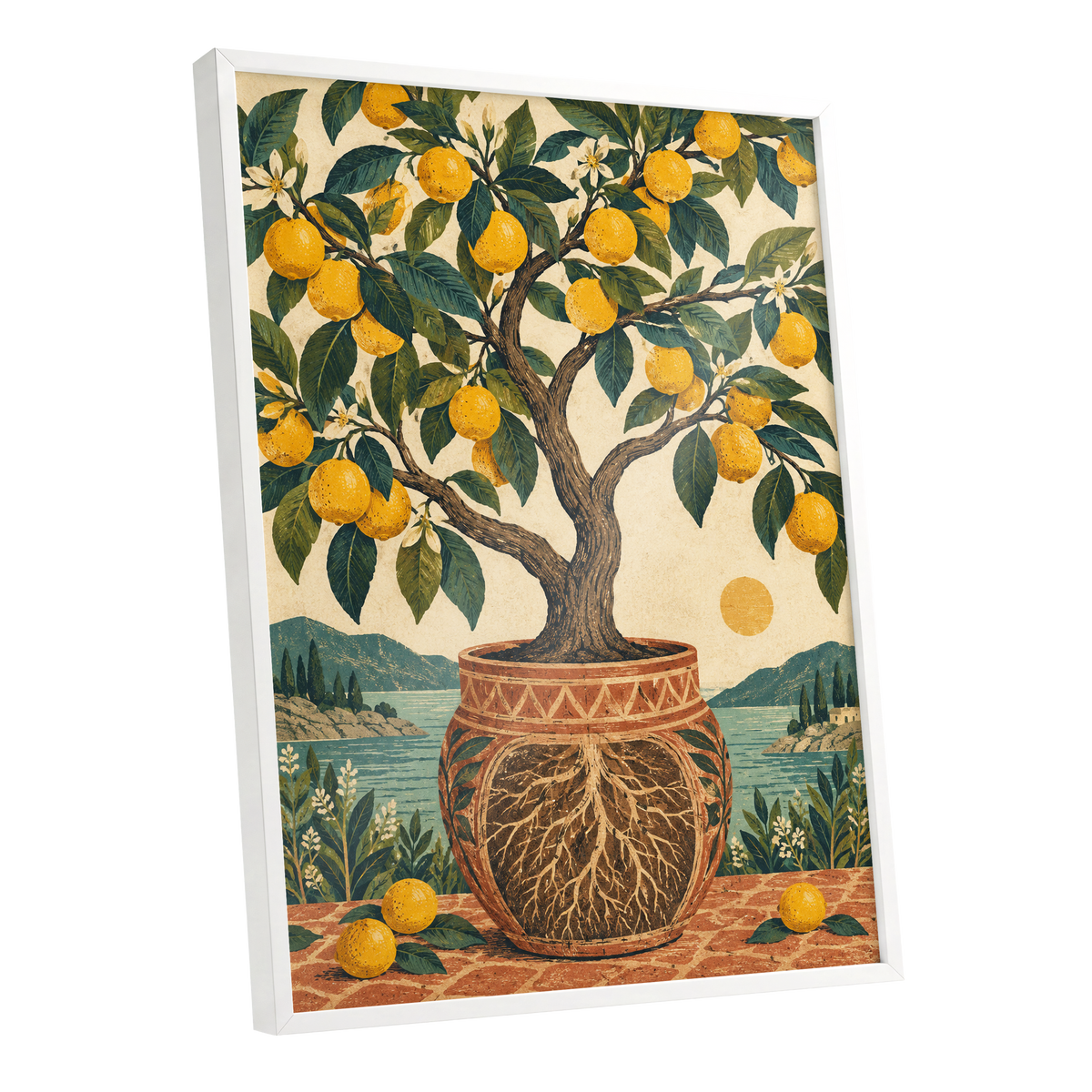 Lemons by the Blue Bay, yellow, green, beige nature wall art shown as a white framed poster wall art print
