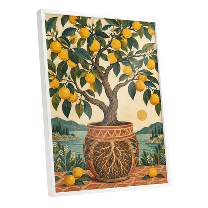 Lemons by the Blue Bay, yellow, green, beige nature wall art shown as a white framed poster wall art print