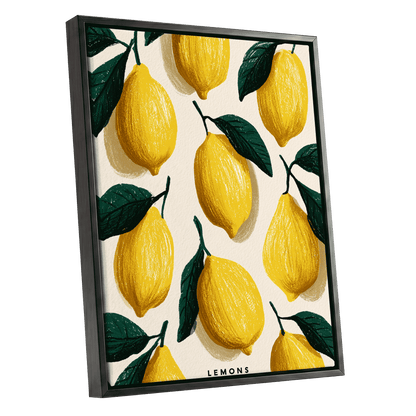 Lemons in the Sun, yellow, green, beige nature wall art shown as a black framed canvas wall art