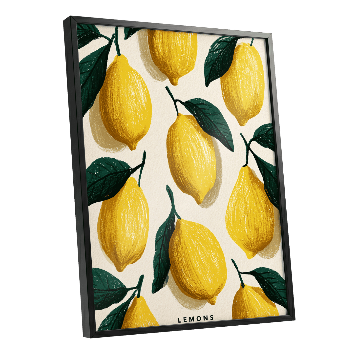 Lemons in the Sun, yellow, green, beige nature wall art shown as a black framed poster wall art print