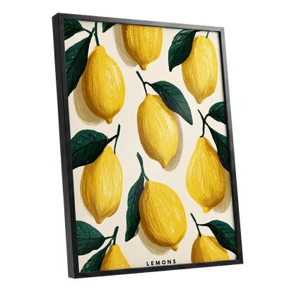 Lemons in the Sun, yellow, green, beige nature wall art shown as a black framed poster wall art print