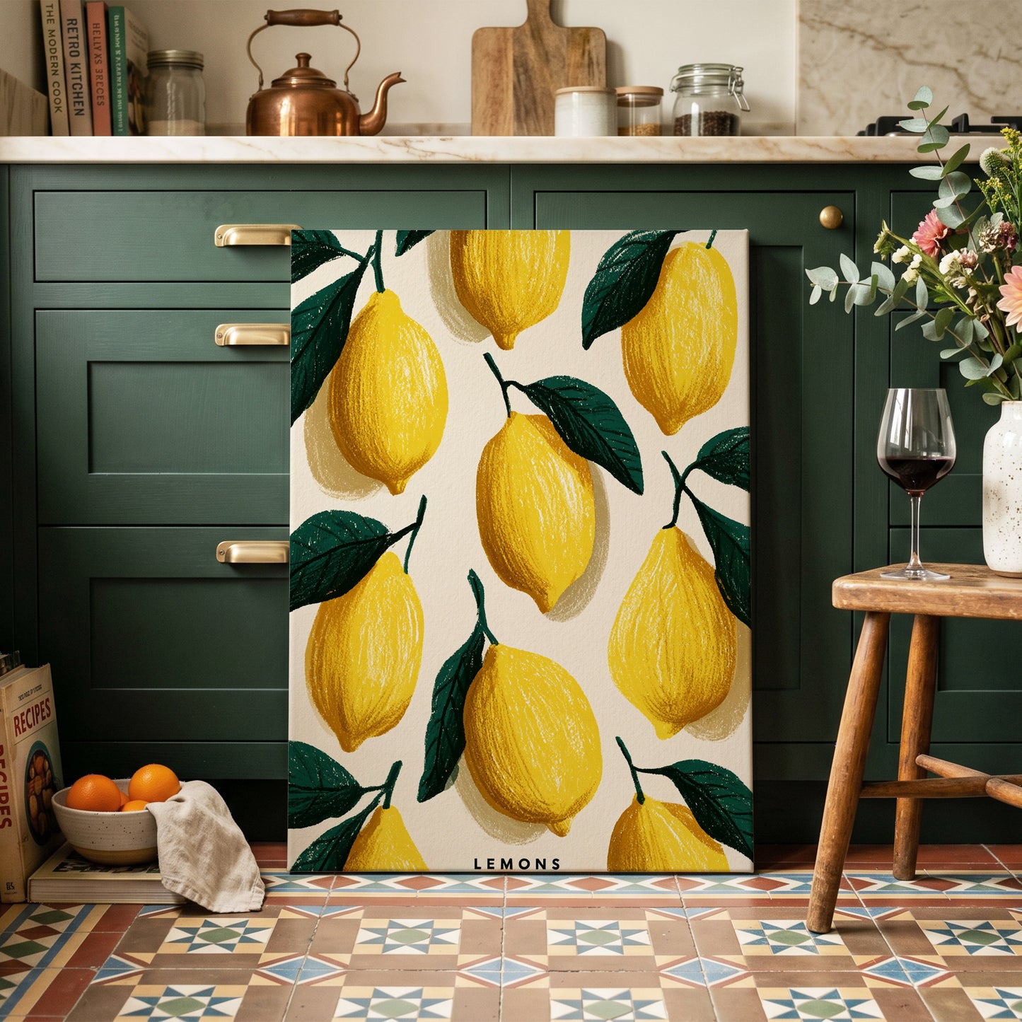 Lemons in the Sun, yellow, green, beige nature wall art on canvas displayed in a styled interior, gallery view 1