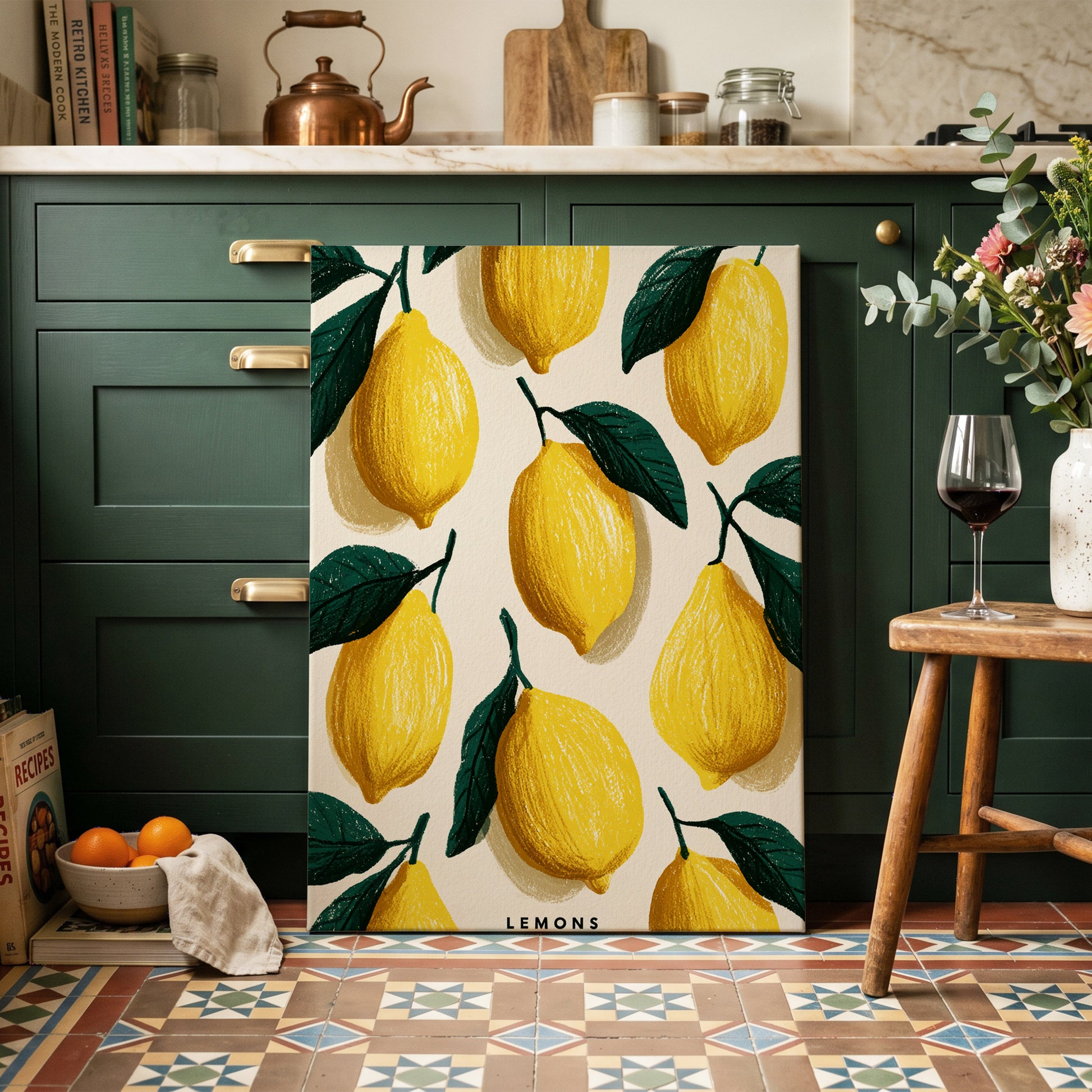 Lemons in the Sun, yellow, green, beige nature wall art on canvas displayed in a styled interior, gallery view 1