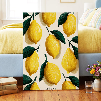 Lemons in the Sun, yellow, green, beige nature wall art on canvas displayed in a styled interior, gallery view 2