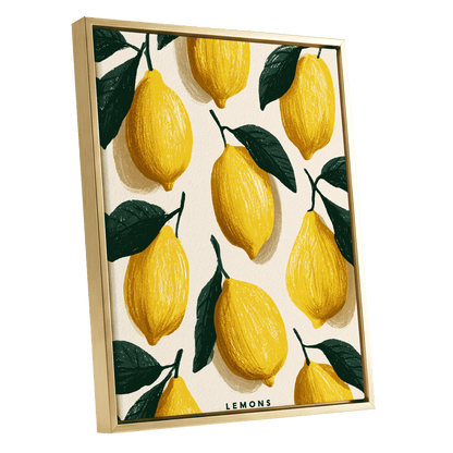 Lemons in the Sun, yellow, green, beige nature wall art shown as a gold framed canvas wall art