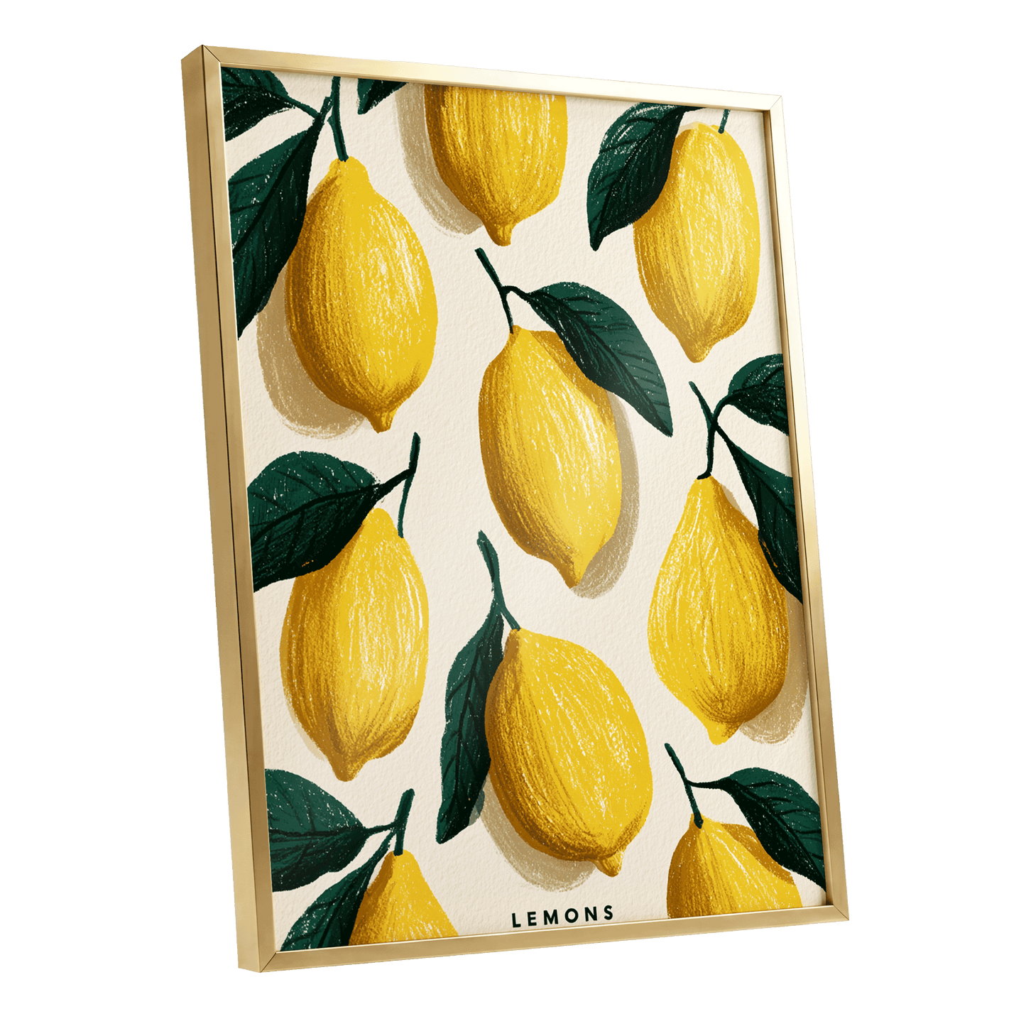 Lemons in the Sun, yellow, green, beige nature wall art shown as a gold framed poster wall art print