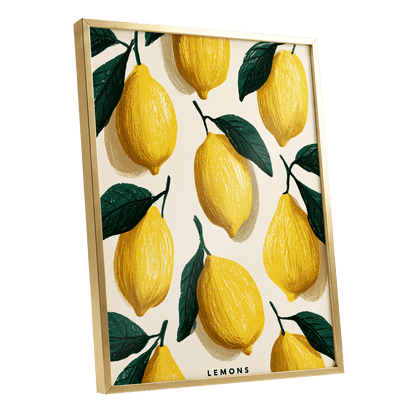 Lemons in the Sun, yellow, green, beige nature wall art shown as a gold framed poster wall art print