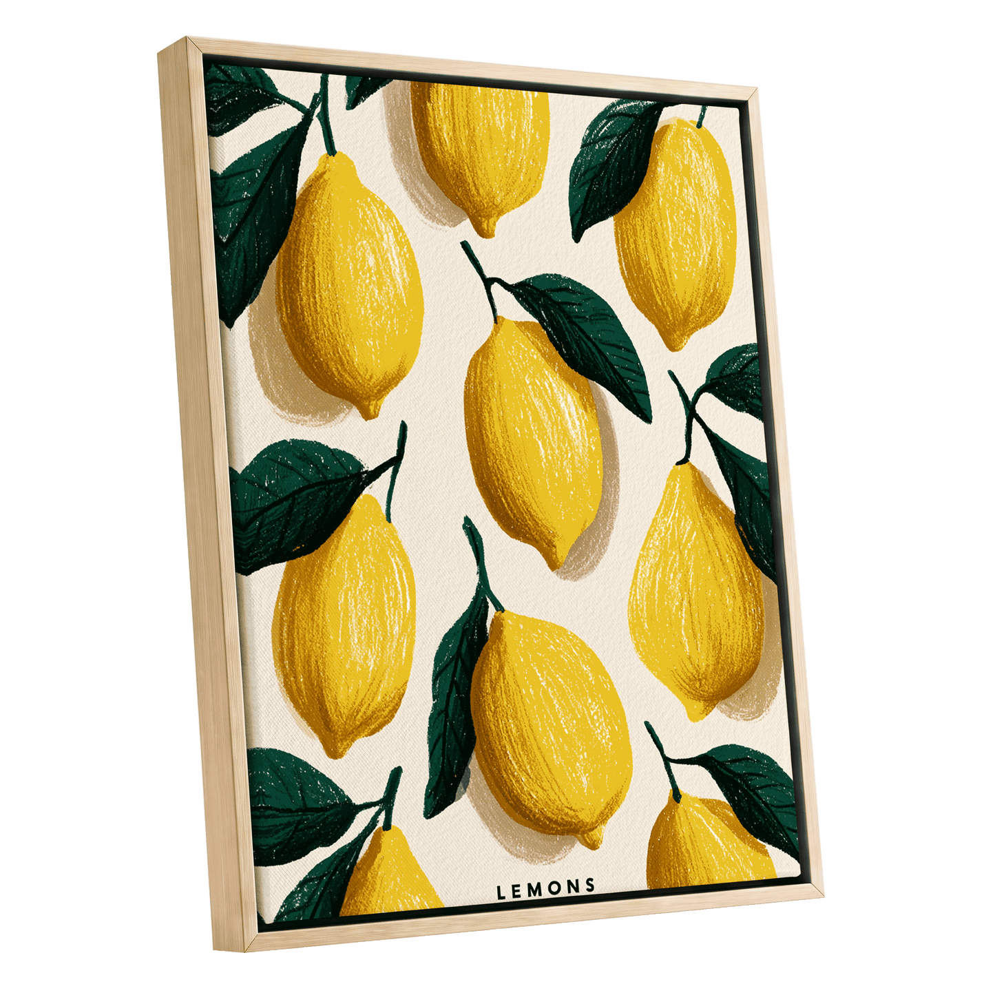 Lemons in the Sun, yellow, green, beige nature wall art shown as a oak framed canvas wall art