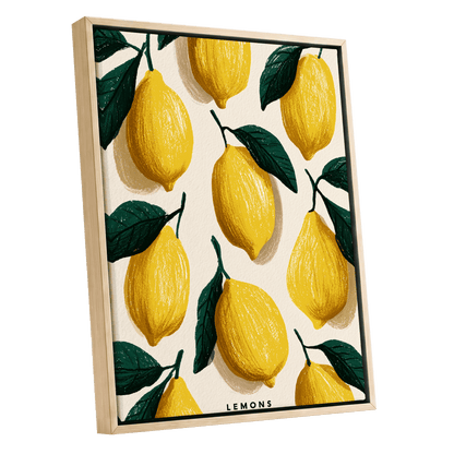 Lemons in the Sun, yellow, green, beige nature wall art shown as a oak framed canvas wall art